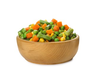 Mix of fresh vegetables in wooden bowl on white background