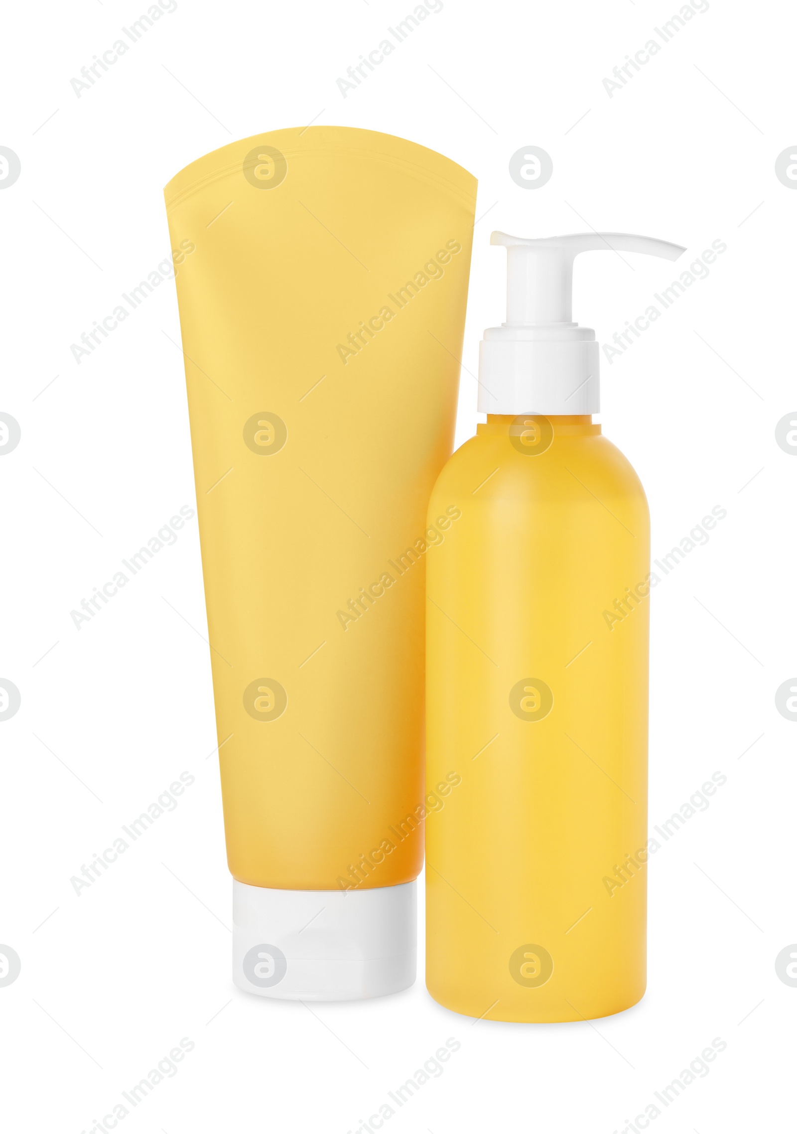 Photo of Different cleansers isolated on white. Cosmetic product