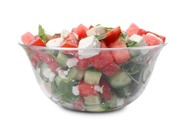 Photo of Delicious salad with watermelon, vegetables and feta cheese isolated on white