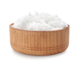 Photo of Fresh coconut flakes in bowl on white background