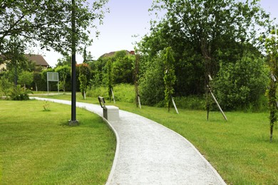 Photo of Beautiful green park with path and bench