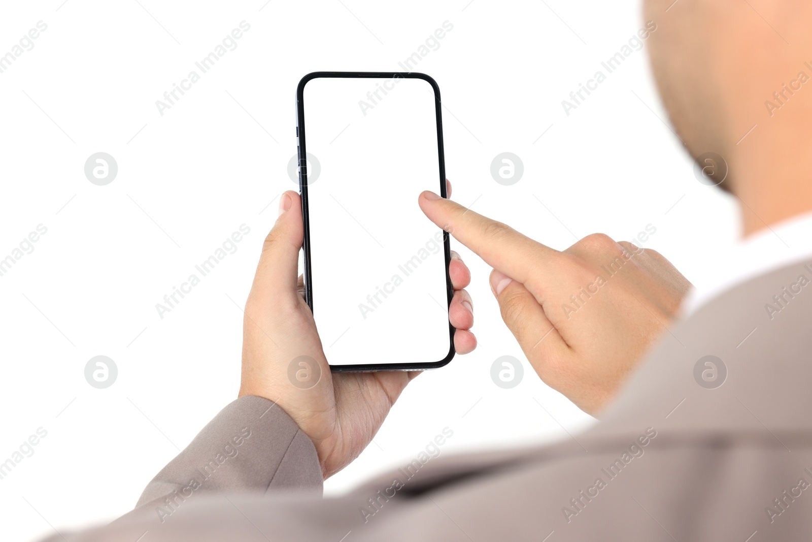 Photo of Man using smartphone with blank screen on white background, closeup. Mockup for design