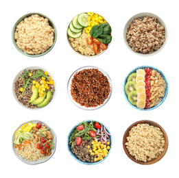 Set of different healthy dishes with quinoa on white background, top view 