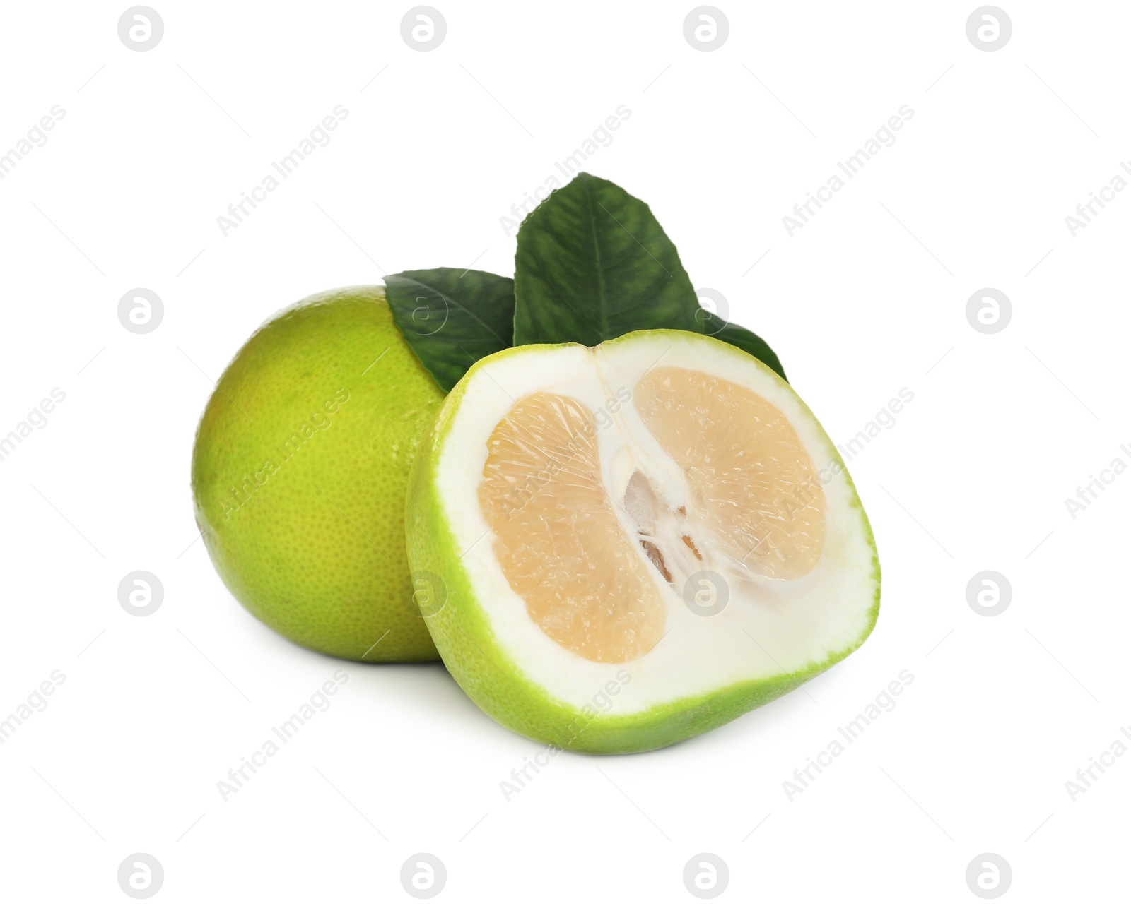 Photo of Whole and cut sweetie fruits with green leaves on white background