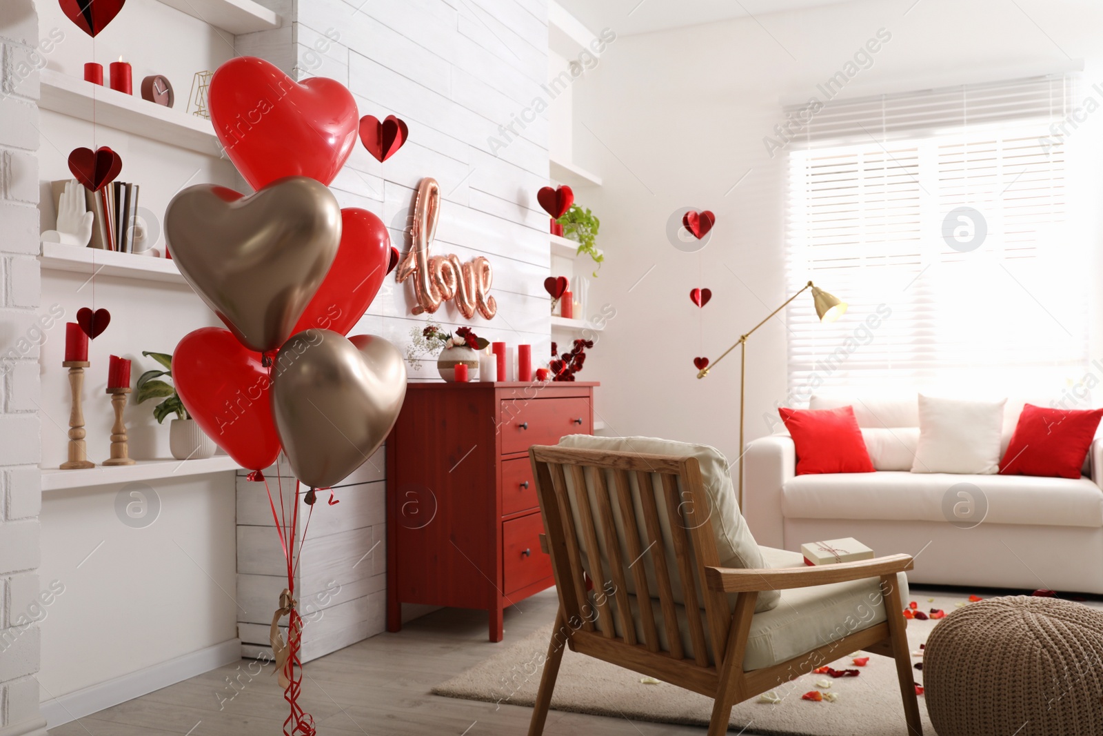 Photo of Cozy living room decorated for Valentine's Day