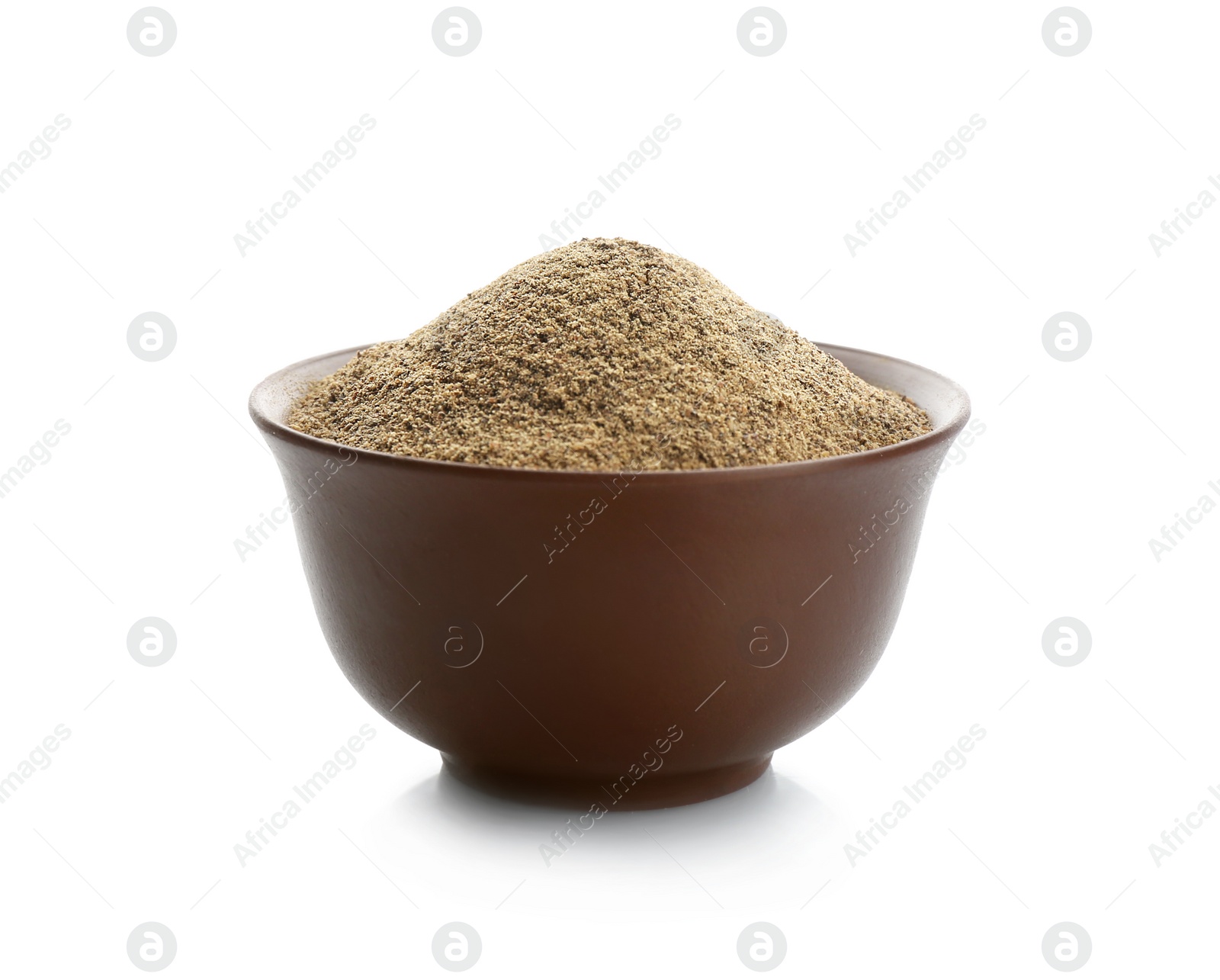 Photo of Bowl with pepper powder on white background