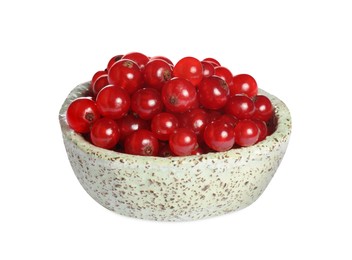 Tasty ripe red currants in bowl on white background