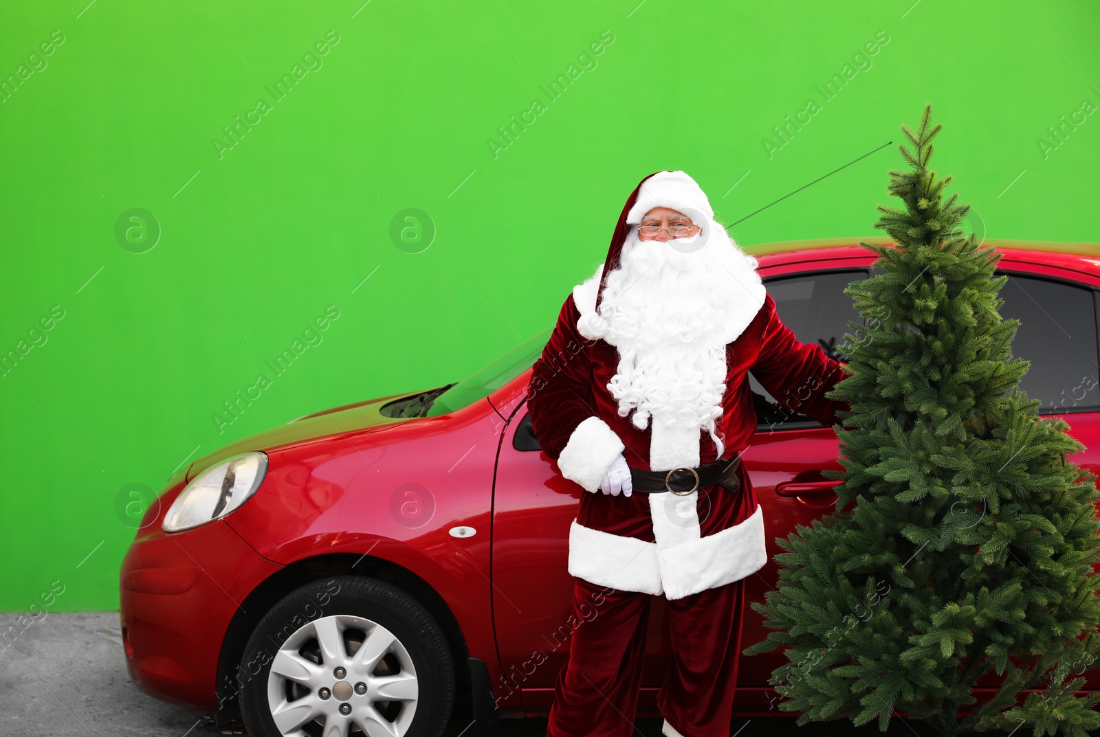 Photo of Authentic Santa Claus near car with fir tree against green background