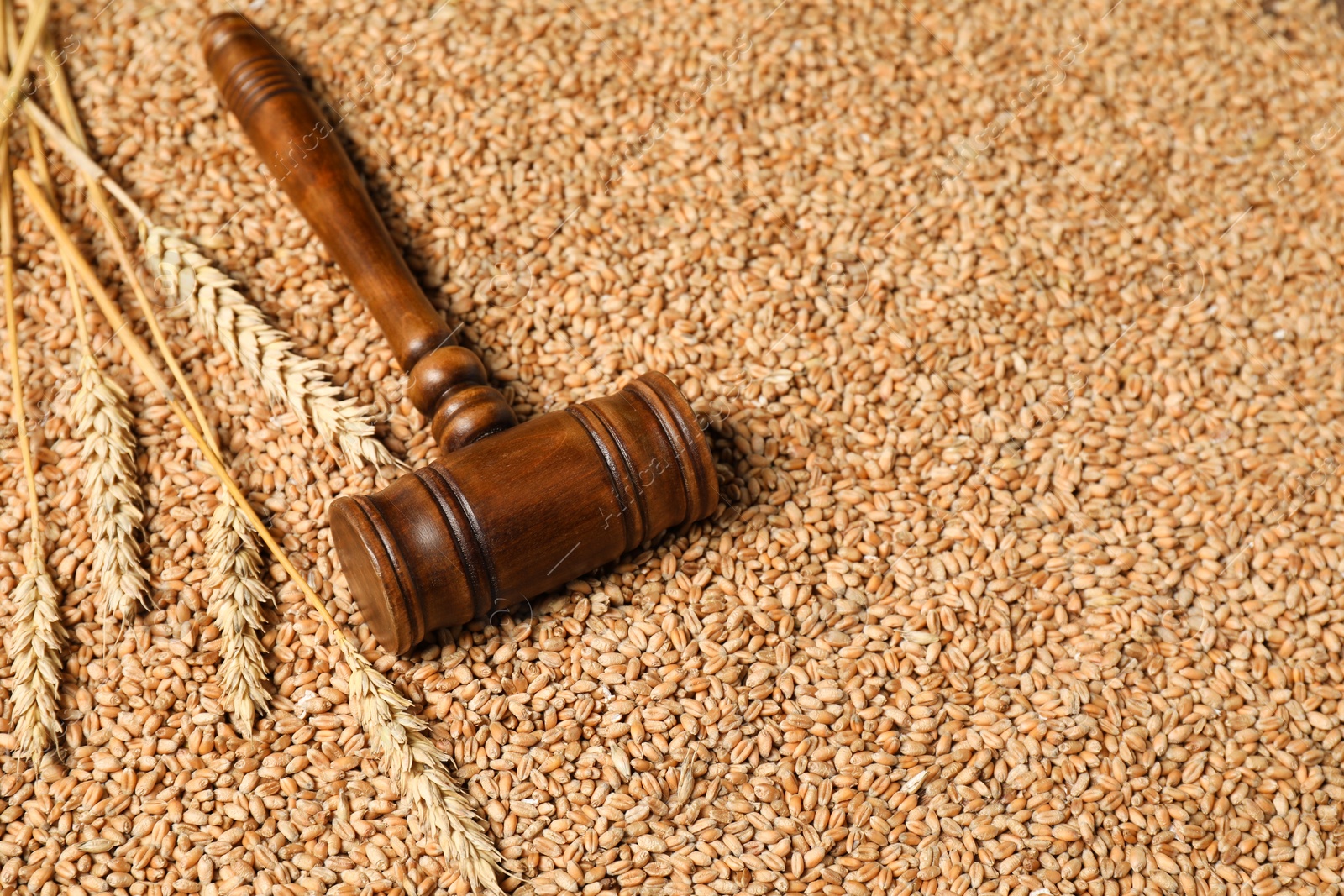 Photo of Wooden gavel and wheat ears on grains. Agricultural deal