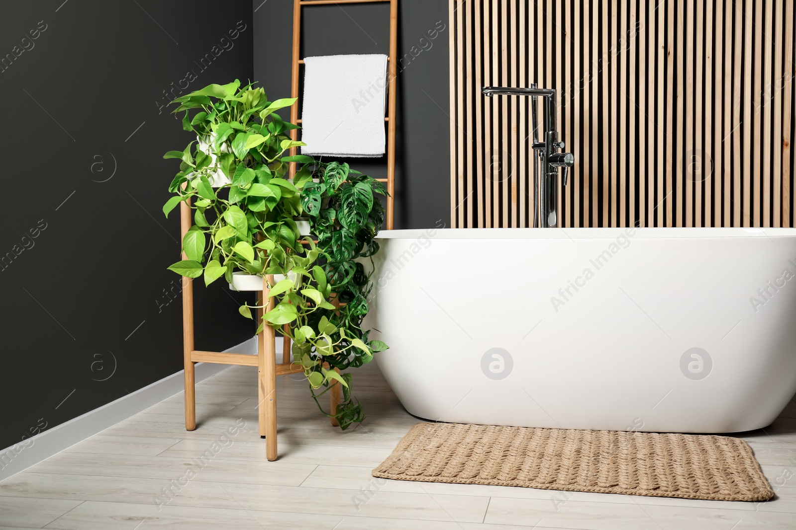 Photo of Spa day. Stylish bathroom interior with ceramic tub and green houseplants