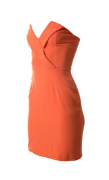 Photo of Beautiful short coral party dress on white background