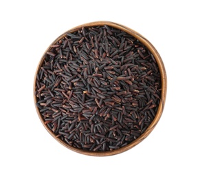 Photo of Bowl with uncooked black rice on white background, top view