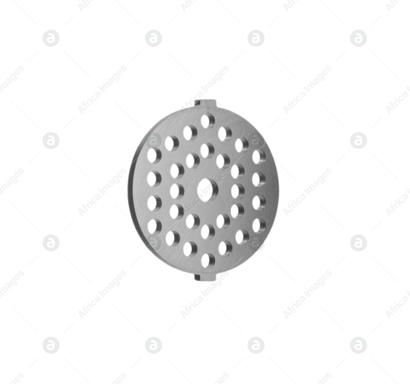 Photo of Metal grinding plate for meat grinder isolated on white