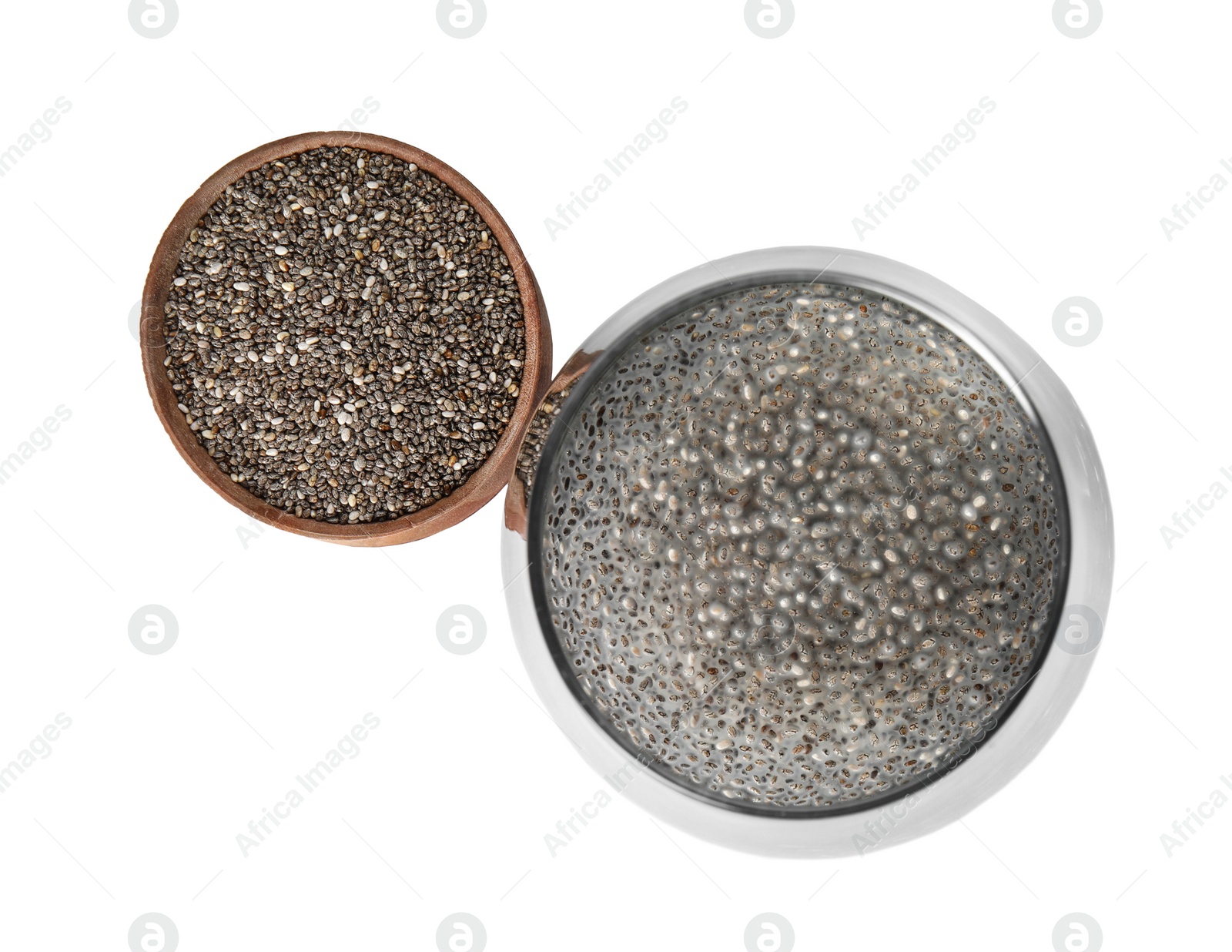 Photo of Glass of water with chia seeds and bowl on white background, top view