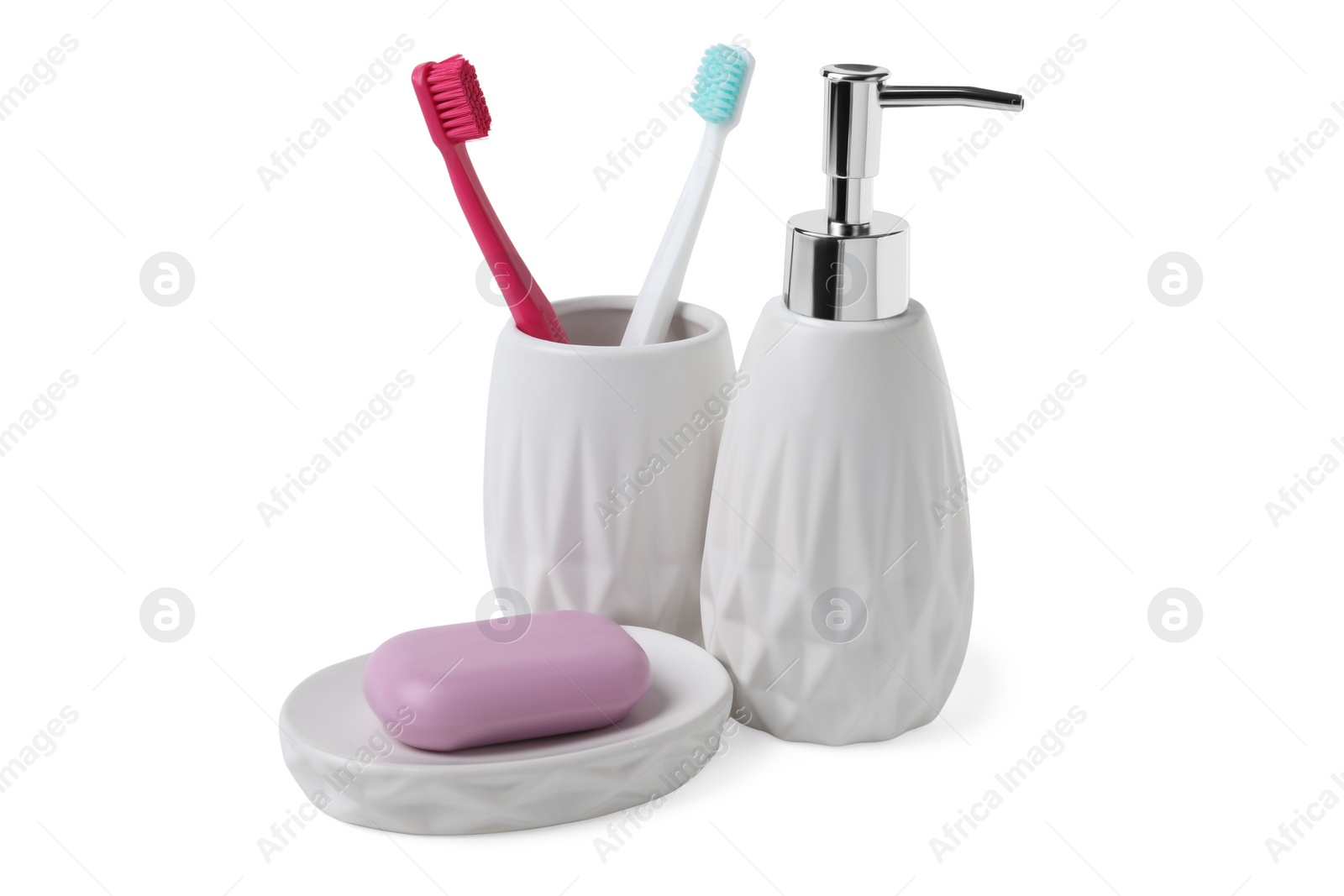 Photo of Bath accessories. Different personal care products isolated on white