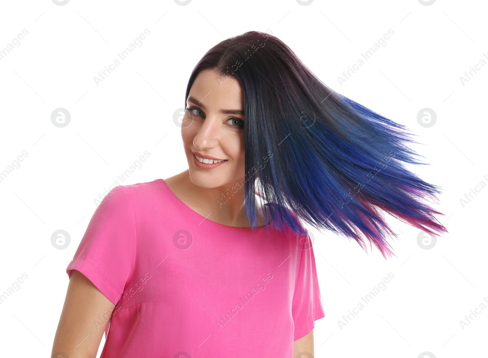 Photo of Young woman with bright dyed hair on white background