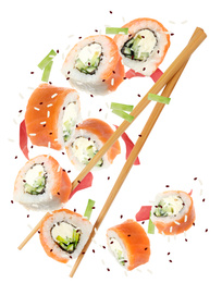 Image of Delicious sushi rolls and chopsticks on white background