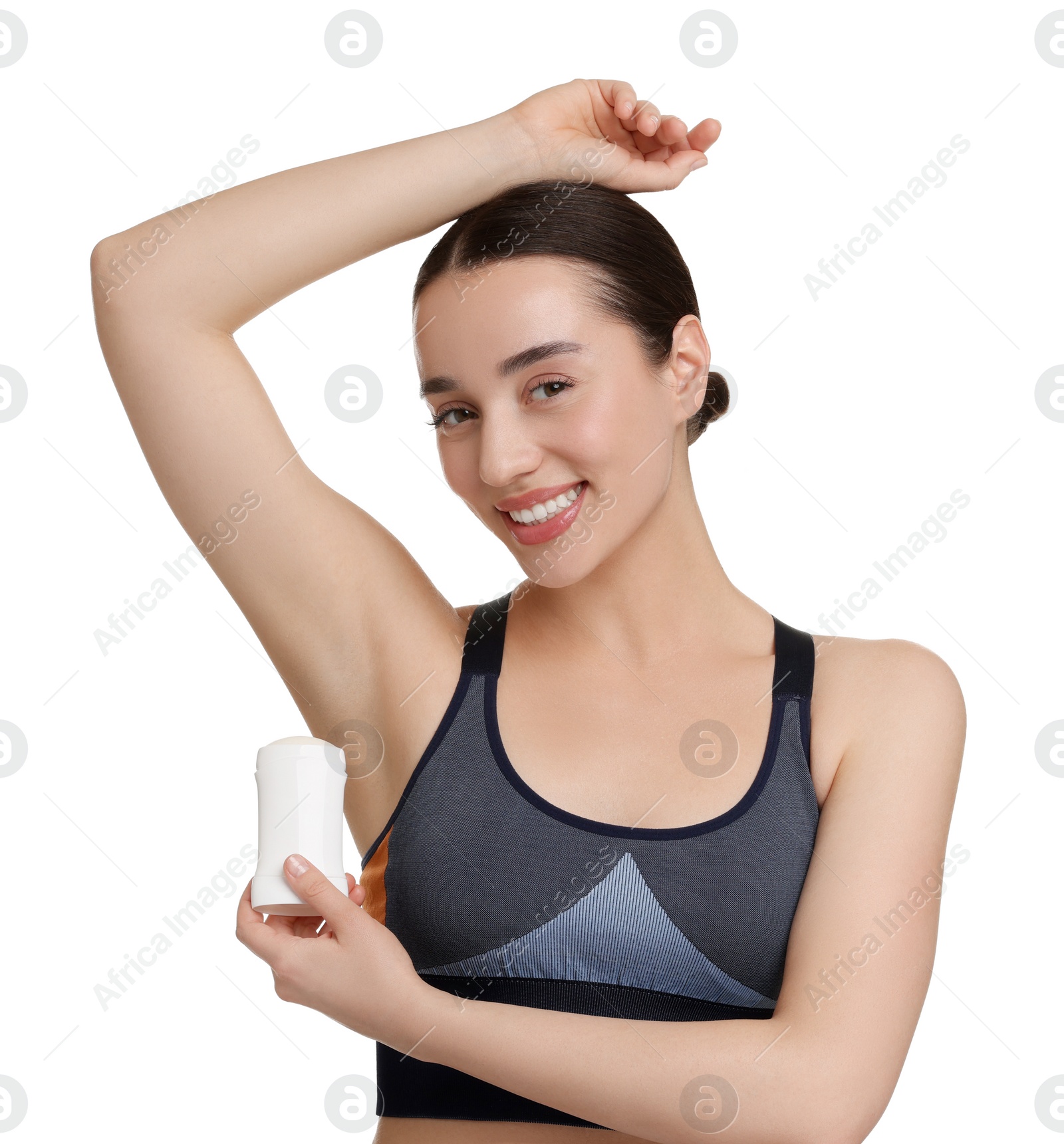 Photo of Beautiful woman applying deodorant on white background