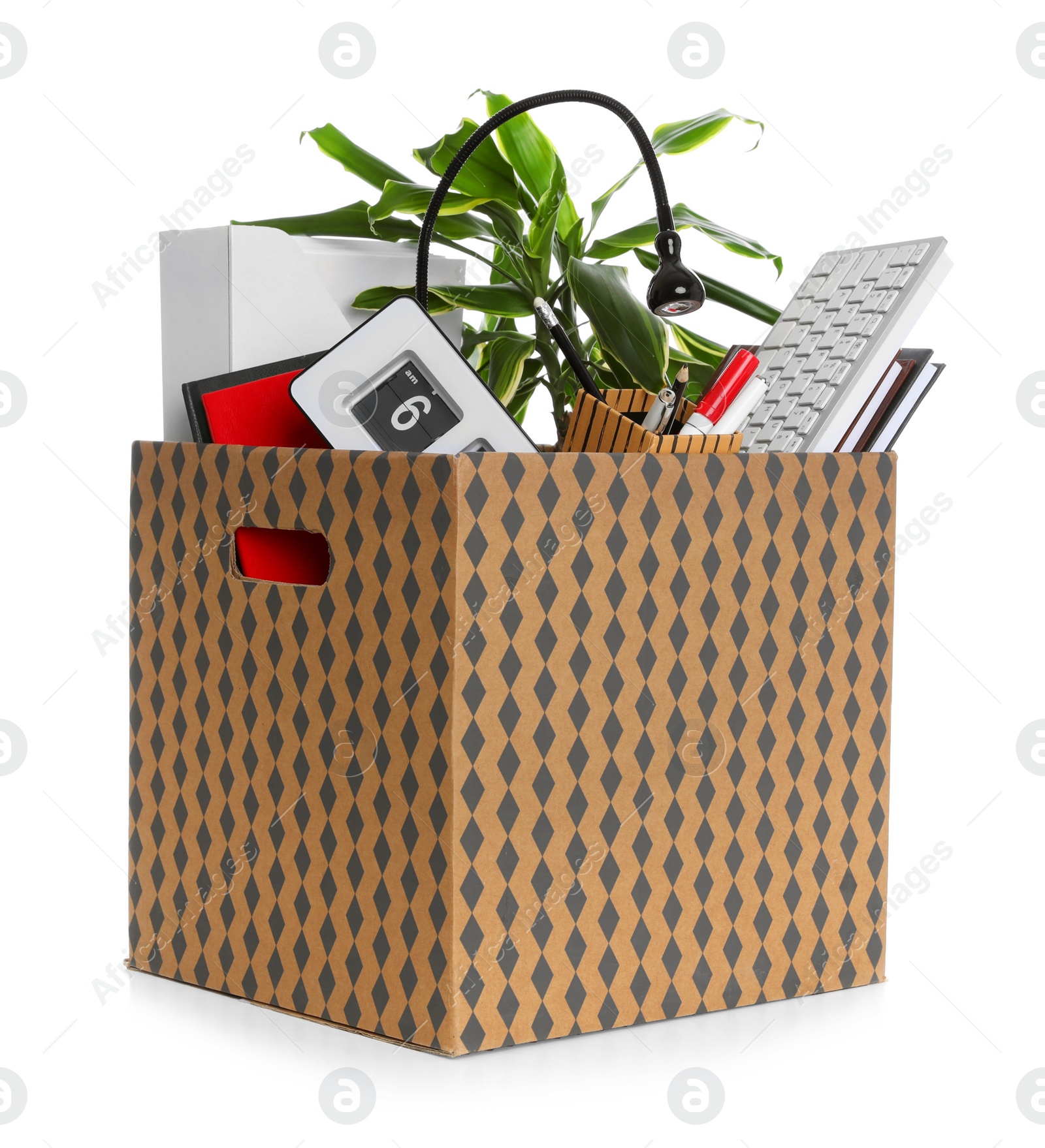 Photo of Moving box with stuff isolated on white. Work promotion concept