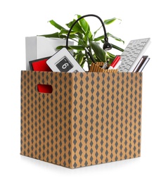 Photo of Moving box with stuff isolated on white. Work promotion concept