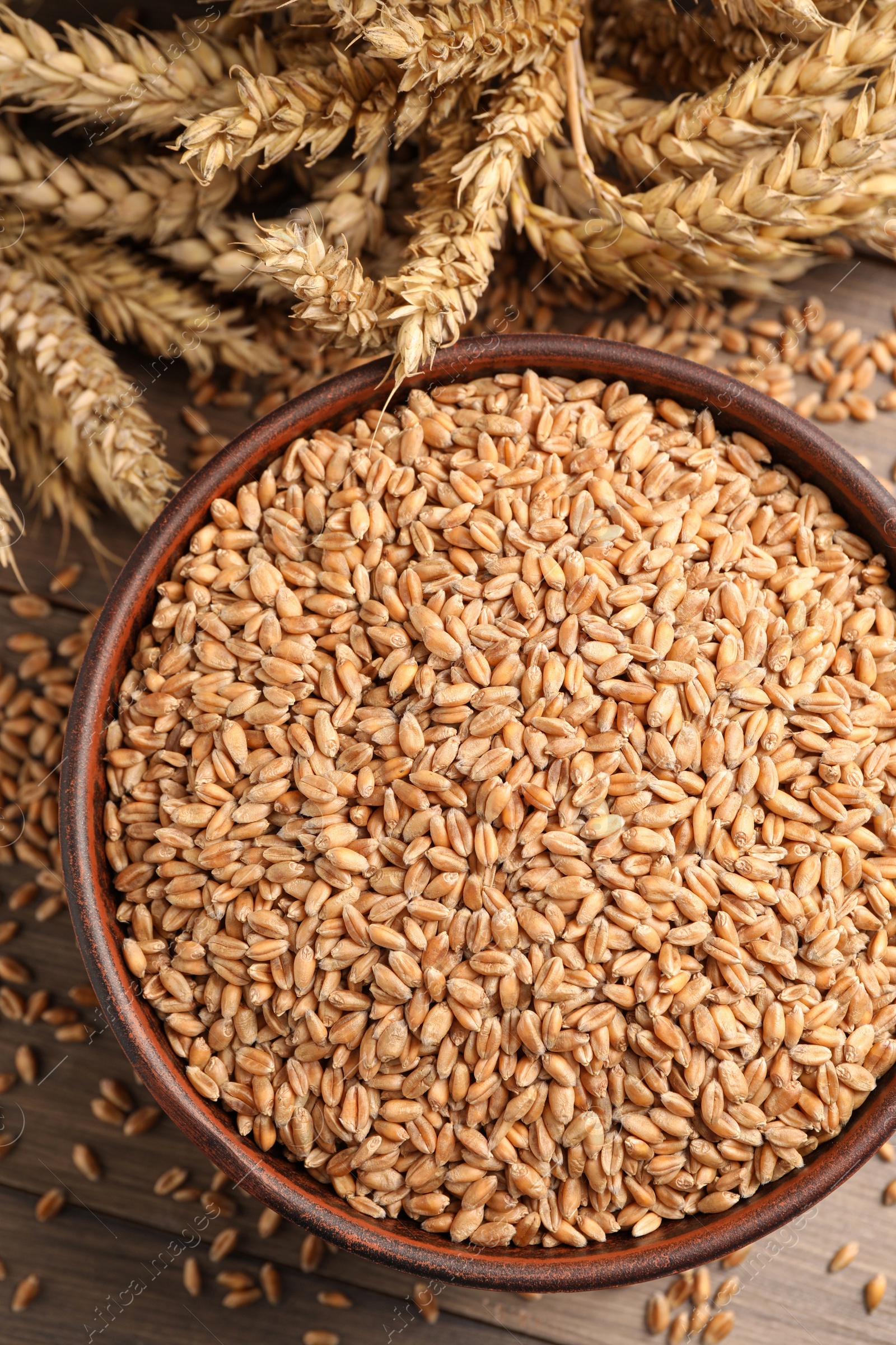Photo of Wheat grains in bowl and spikes on wooden table, top view