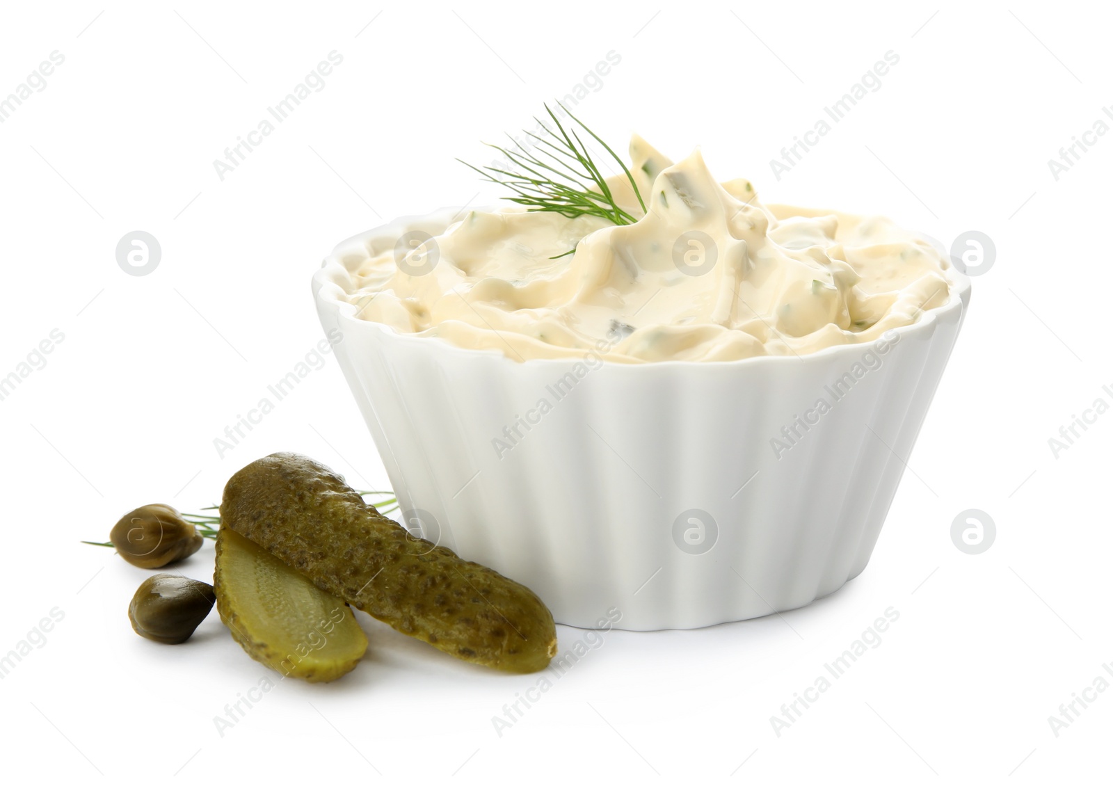 Photo of Tartar sauce and ingredients on white background