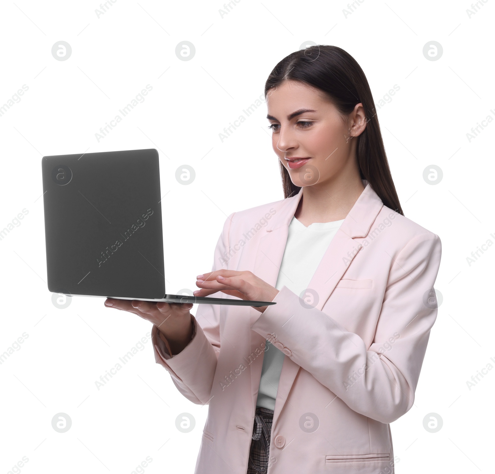 Photo of Beautiful businesswoman using laptop on white background