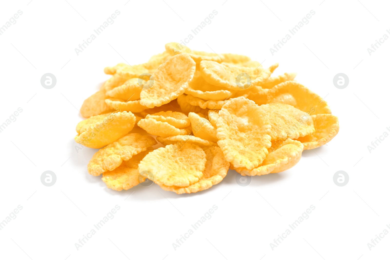 Photo of Pile of tasty corn flakes on white background
