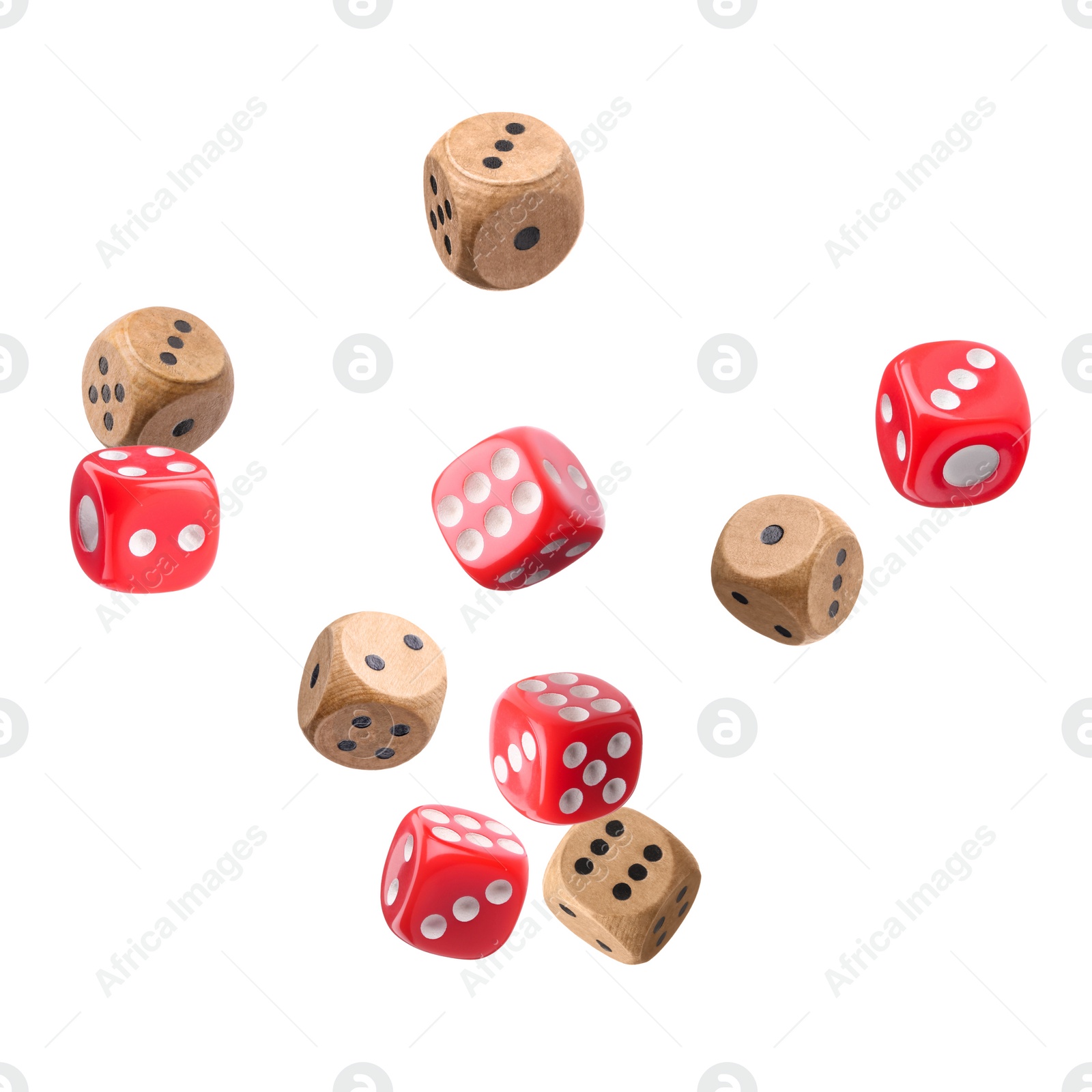 Image of Many different dice in air on white background