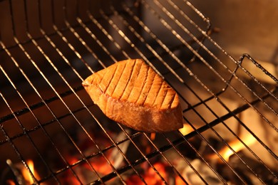 Grilling basket with tuna in oven, closeup