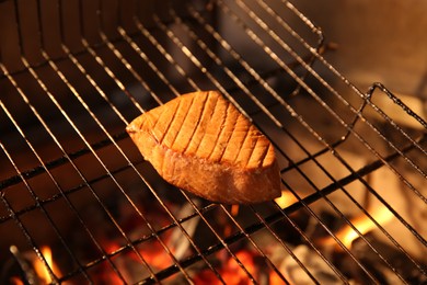 Photo of Grilling basket with tuna in oven, closeup