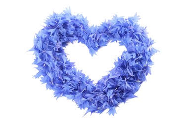 Photo of Heart made of beautiful cornflower petals isolated on white, top view