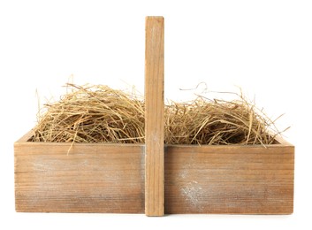 Dried hay in wooden basket on white background