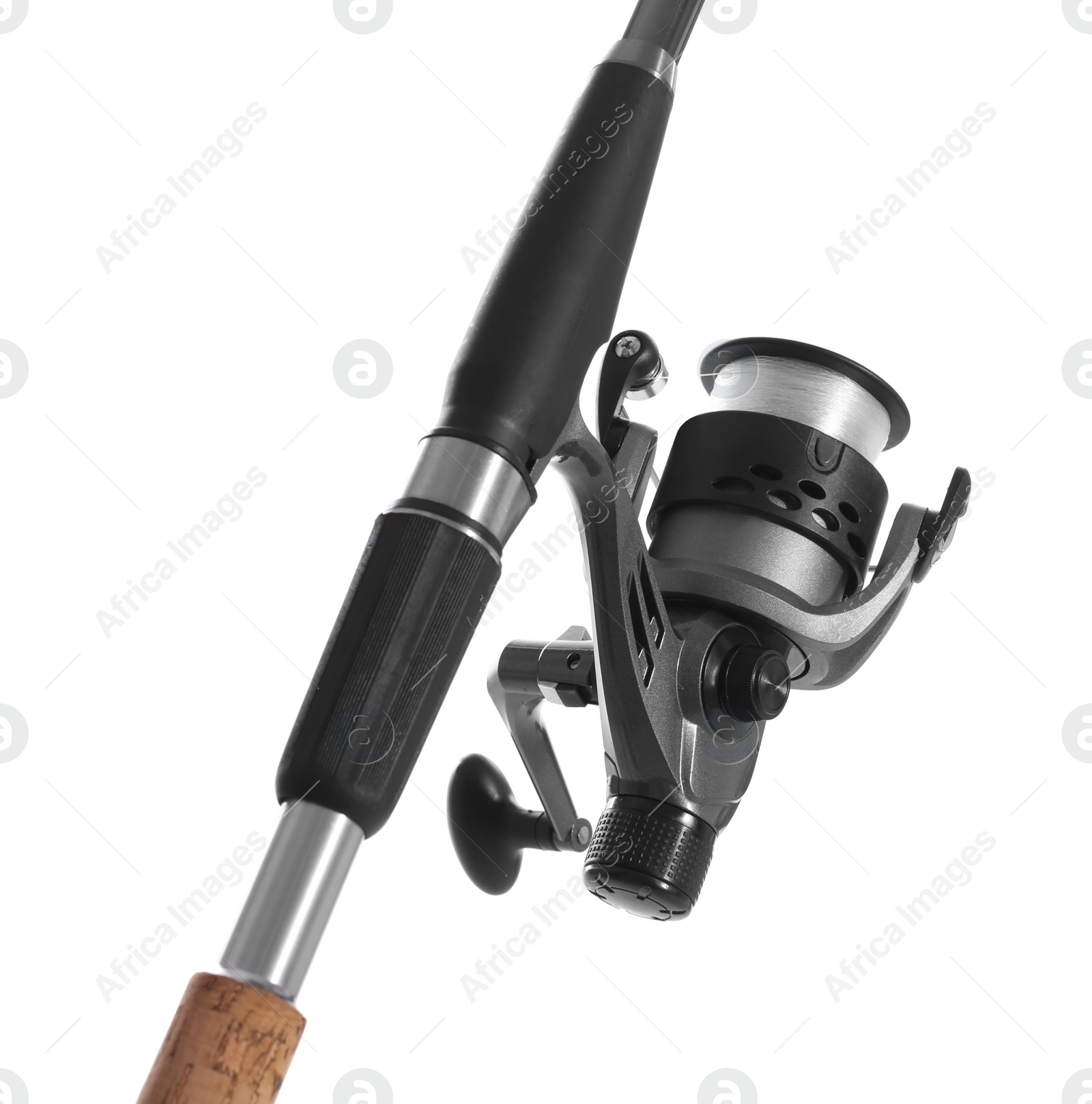 Photo of Modern fishing rod with reel on white background, closeup