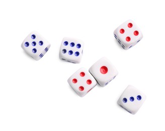 Photo of Many dices isolated on white, top view. Game cubes