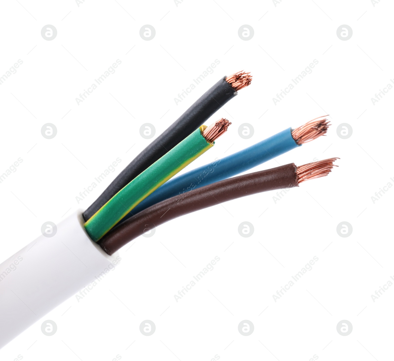 Photo of Colorful cables in jacket on white background, closeup. Electrician's supply