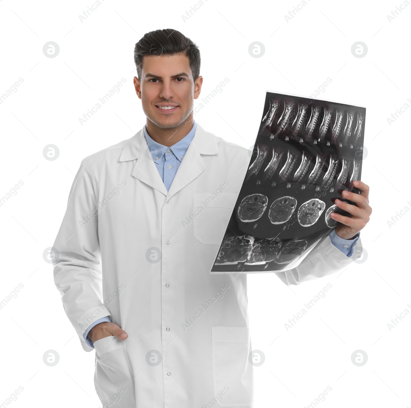 Photo of Orthopedist holding X-ray picture on white background