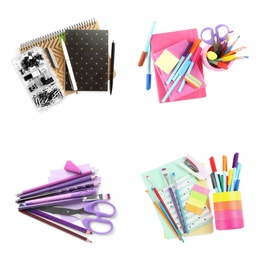 Image of Set of bright school stationery on white background, top view