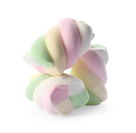 Photo of Three delicious colorful marshmallows on white background