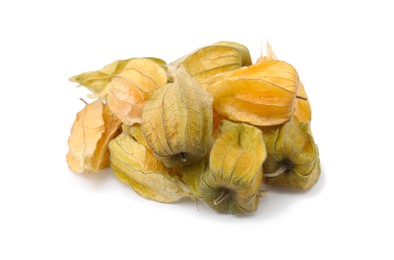 Many ripe physalis fruits with calyxes isolated on white