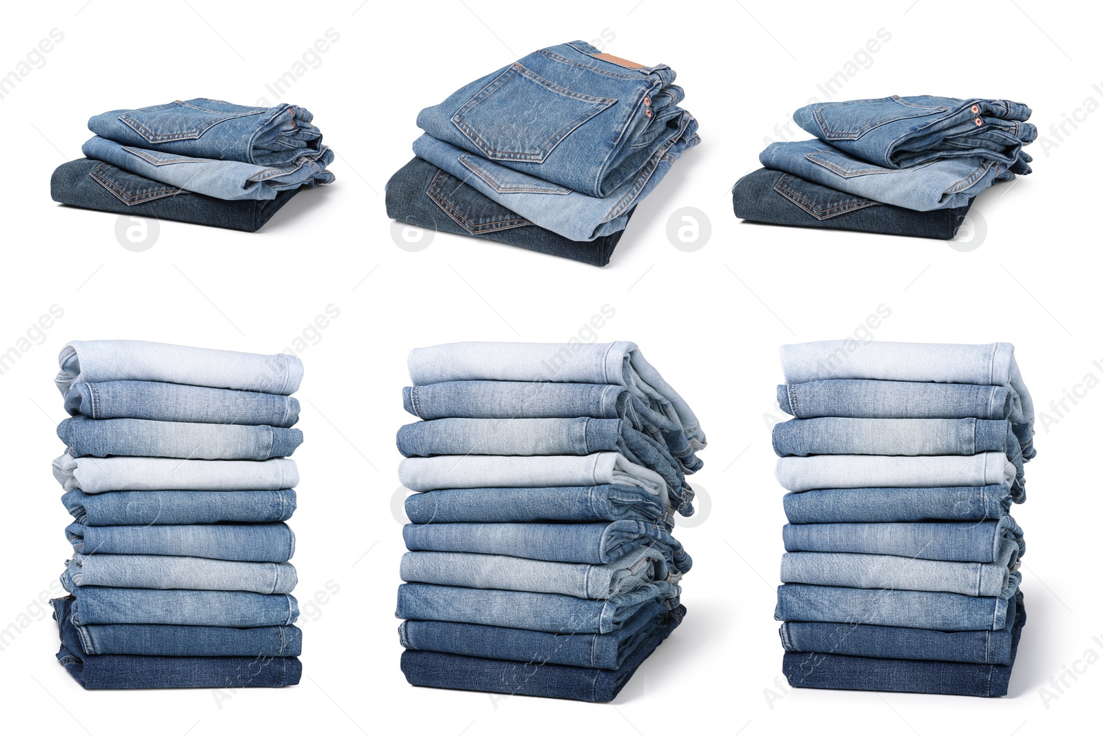 Image of Set with folded different jeans on white background