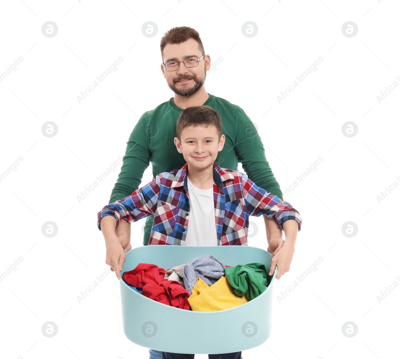 Photo of Little boy and his dad with laundry basket on white background