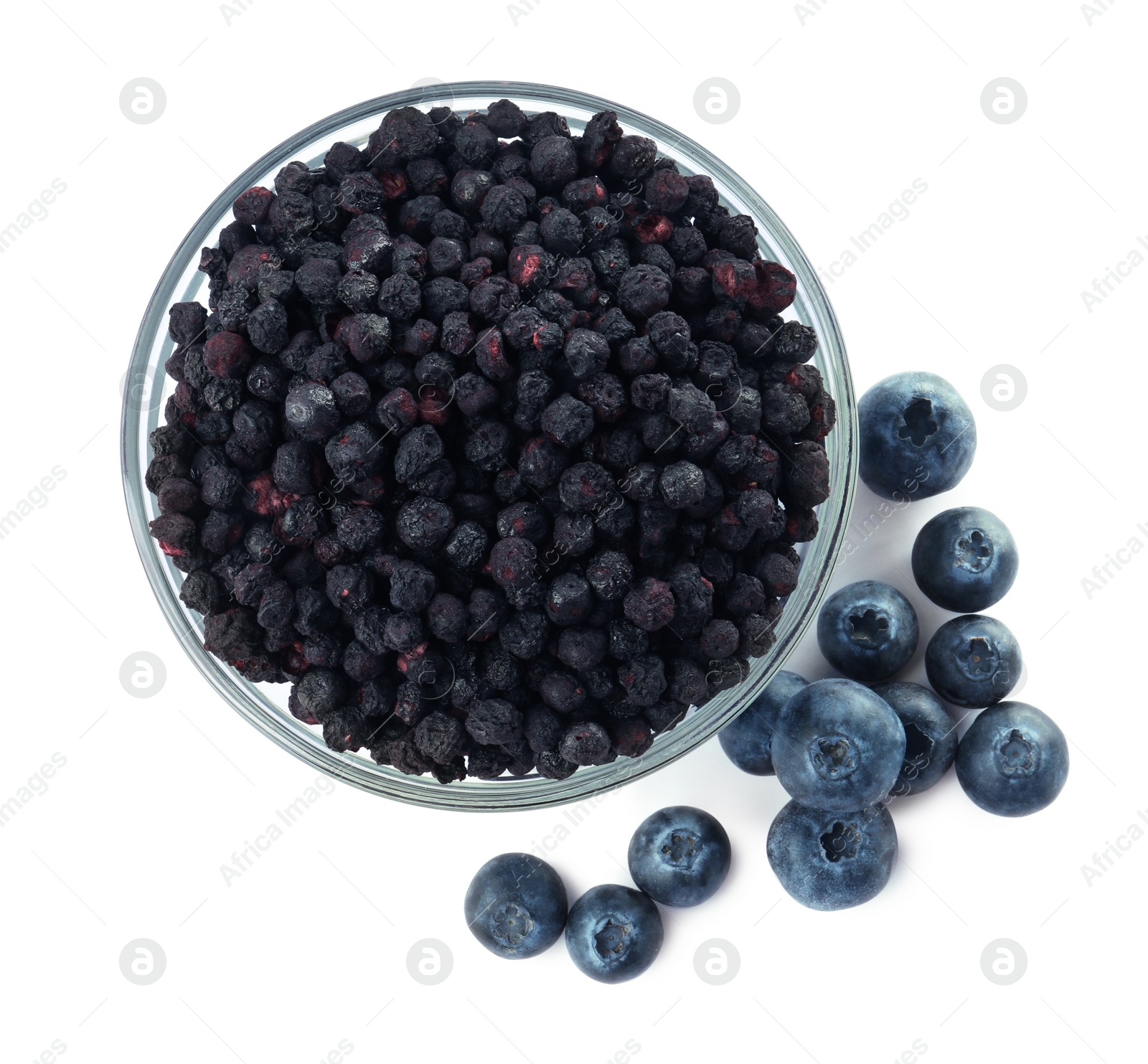 Photo of Sweet sublimated and fresh blueberries on white background, top view