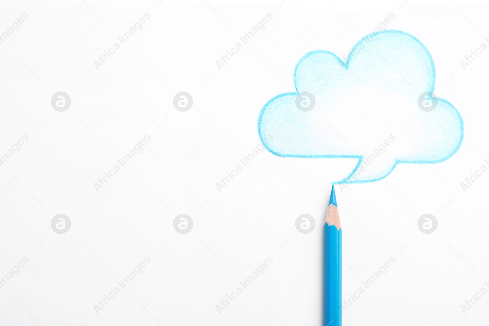 Photo of Drawing of cloud and light blue pencil on white background, top view