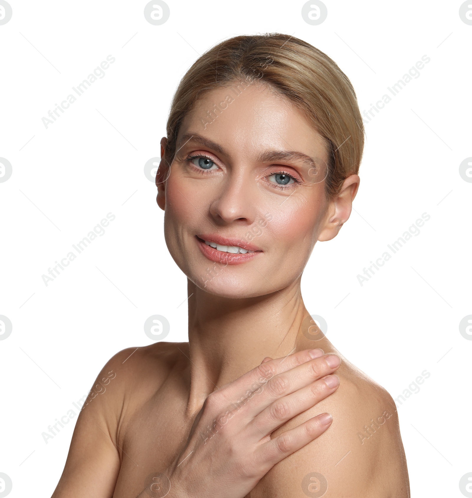 Photo of Beautiful woman with healthy skin on white background