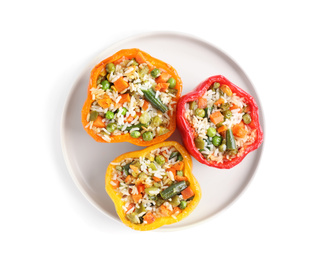 Photo of Tasty stuffed bell peppers isolated on white, top view