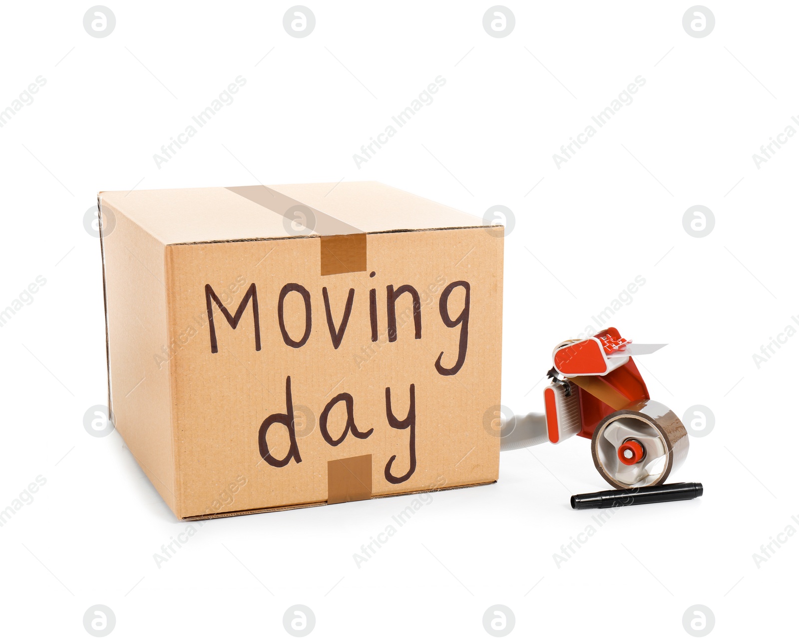 Photo of Moving box, marker and adhesive tape dispenser on white background