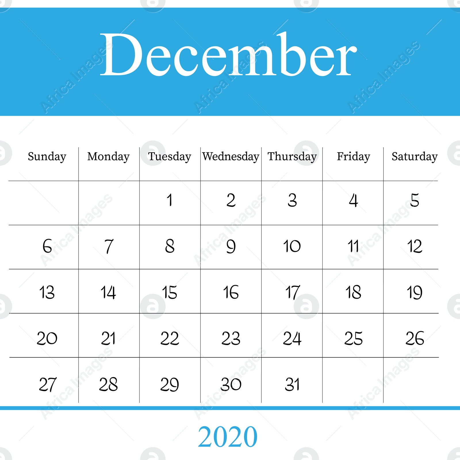 Illustration of 2020 December calendar design on white background