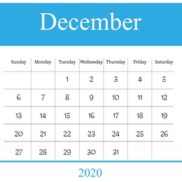 2020 December calendar design on white background