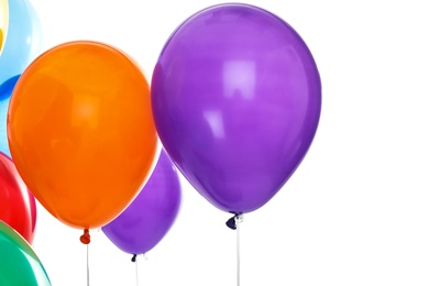 Colorful balloons on white background. Celebration time